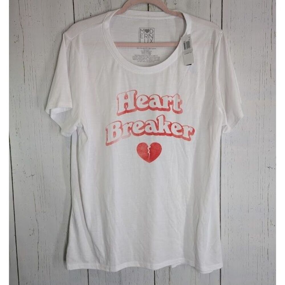 Modern Luxe Size 1X White HEART BREAKER Graphic Short Sleeve Top NWT